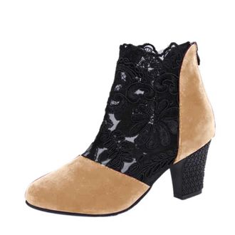 Generic Ankle Boots for Women UK Lace Floral Mesh Suede Chunky Ankle Boots Back Zip Breathable Non-Slip Block Heeled Booties Lace Flower Embroidery Suede Stac