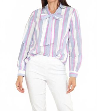 Zero Degrees Celsius Bow Stripe Blouse In White Blue Fuchsia