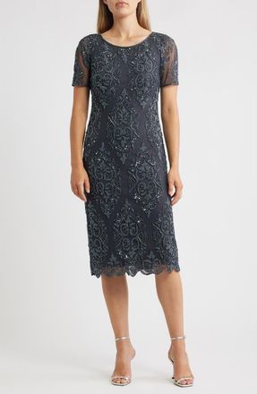 Pisarro Nights Beaded Cocktail Midi Dress in Slate at Nordstrom, Size 10