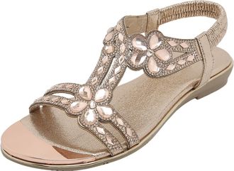 Generic Women Summer Elastic Strap Rhinestone Casual Open Toe Flat Sandals with Soft Breathable Sole (Rose Gold, 4.5)