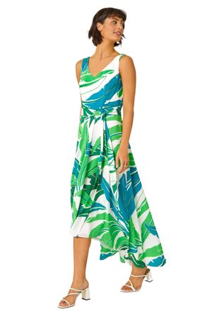 Roman Womens Sleeveless Palm Print High Low Maxi Dress - Green - Size 12 UK