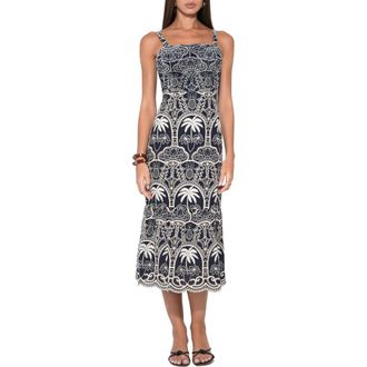 Adelyn Rae Evangeline Embroidered Scalloped Hem Cotton Midi Dress in Navy/Ivory at Nordstrom, Size X-Small