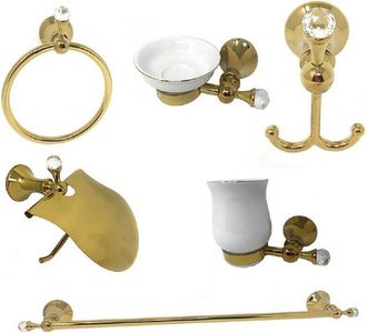 Trade Shop Trade Shop - Set 6 Accessori Da Bagno In Acciaio Oro E Ceramica Cristalli In Acrilico 59238