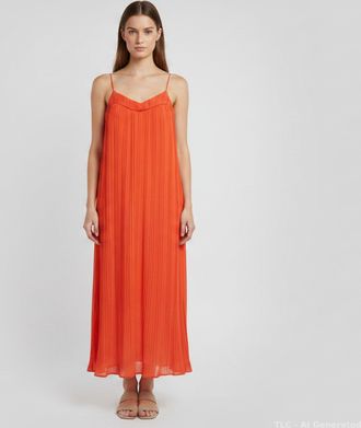 Maje Orange Crepe Plisse Rogelio Midi Dress