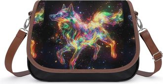 Generic Psy Neon Running Wolf Leather Crossbody Bags for Women Messenger Handbag Purse Shoulder Bag