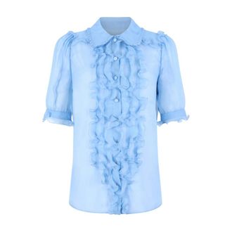 Dolce & Gabbana Ruffled Silk Blouse - Dames - Overhemden - Blauw - M - Overhemden