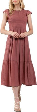 Blu Pepper Flutter Sleeve Smocked Tiered Midi Dress in Dusty Mauve at Nordstrom Rack, Size Medium
