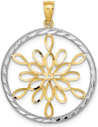Diamond2Deal 14k Yellow Gold Rhodium Diamond-Cut Circle Snowflake Charm