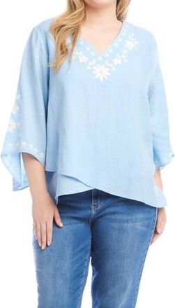 Karen Kane Bracelet Sleeve Embroidered Asymmetric Top - Plus Size In Lake