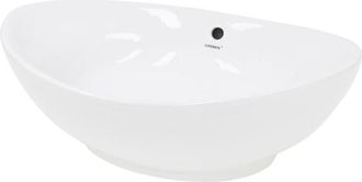 ECD Germany Ecd Germany - Lavabo Ovalado Cerámica Con Agujero Grifo - Blanco - Aseo Lavamanos Sobre Encimera - 590 x 390 x 200 mm - Diseño Moderno - Pila Sin