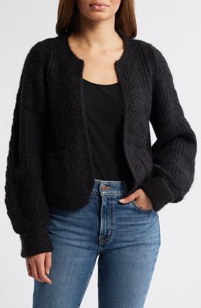 Wit & Wisdom Blouson Sleeve Cable Knit Crop Cardigan in Black at Nordstrom, Size X-Small