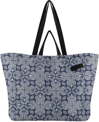 Generic Paisley Blue print Reusable Canvas Tote Bag, Heavy Duty Grocery Shopping Bag with Large Capacity Hard Bottom Double Handles Work Groceries Travel