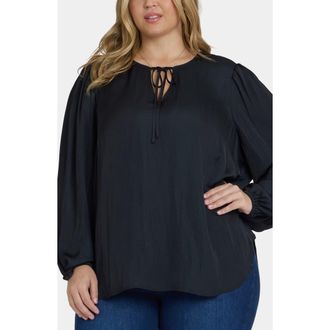 NYDJ Elsie Tie Neck Satin Top in Black at Nordstrom, Size 0X