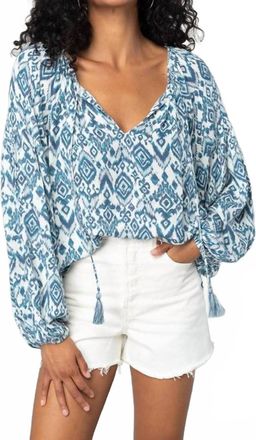 Lovestitch Geo Print Bishop Long Sleeve Split Neck Blouse In Ivory/ Denim