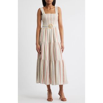 Anne Klein Smocked Bodice Belted Tiered Midi Sundress in Egret Multi at Nordstrom, Size Small