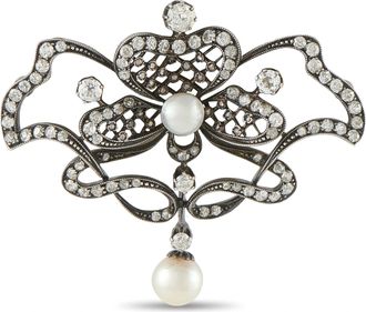 Luxury Bazaar Antique 14K White Gold and Silver 1.70ct Diamond and Pearl Brooch MF05-080326