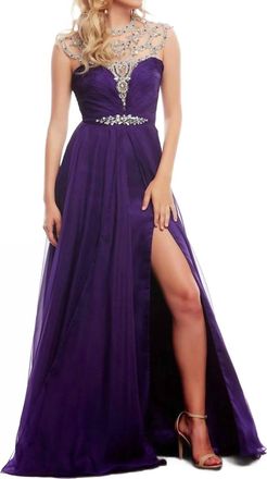 Mac Duggal Beaded Illusion Neck Gown With Overskirt In Deep Purple