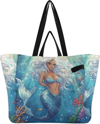 Generic Blue Mermaid Sunlight print Reusable Canvas Tote Bag, Heavy Duty Grocery Shopping Bag with Hard Bottom Double Handles Large Capacity Work Groceries Tr