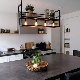 QAZQA Moderno L&aacute;mpara Colgante Negra Con Estante 4 Luces - Cage Rack Acero Alargada Adecuado Para Led Max. 4 X 60 Watt - Qazqa