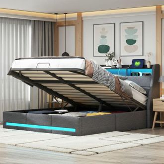 OEM Cama Lit Coffre - 19hgy - 160x200 Cm - Tejido De Lino Gris - Led Rgb Y Carga Usb