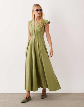 Asos Vestito midi color oliva con scollo a V e pannelli modellanti-Multi
