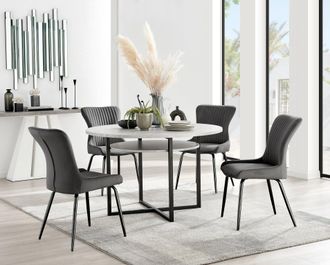 Furniturebox Adley Grey Concrete Effect Round Dining Table & 4 Nora Black Leg Velvet Chairs in Dark Grey