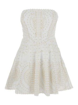 Charo Ruiz Ibiza clem White Dress With Flounce Skirt And All-over Embroidery In Cotton And Linen Blend Woman