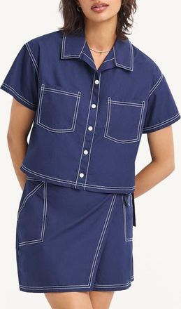 Vitamin A Ashley Crop Organic Cotton Cover-Up Camp Shirt in Midnight at Nordstrom, Size X-Small