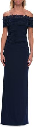 La Femme Off the Shoulder Lace Trim Evening Gown in Navy at Nordstrom, Size 16