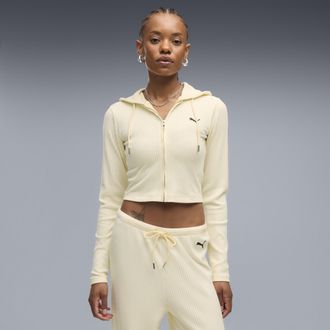Puma Felpa con cappuccio slim a coste con zip Essentials da donna, Abbigliamento, Giallo, XL