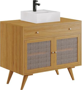 Vente-Unique Mueble de ba&ntilde;o de teca clara y mimbre con lavabo de cer&aacute;mica - 90 cm - MANSULAN
