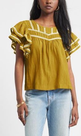 Treasure & Bond Double Ruffle Sleeve Top in Olive Oil at Nordstrom Rack, Size X-Small