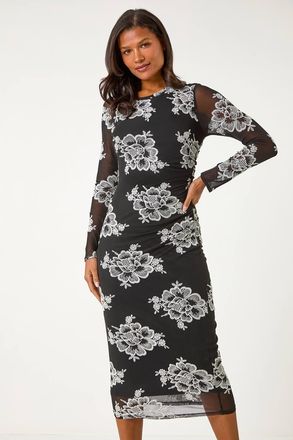Roman Floral Lace Mesh Stretch Midi Dress