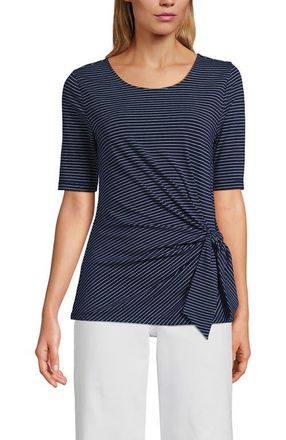 Lands End Lightweight Jersey Tie Front Top in Deep Sea Navy Thin Stripe at Nordstrom, Size X-Large