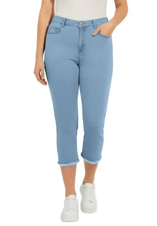 Roaman's Plus Size Straight Leg Frayed Hem Cropped Capri Jean in Light Stonewash at Nordstrom, Size 32