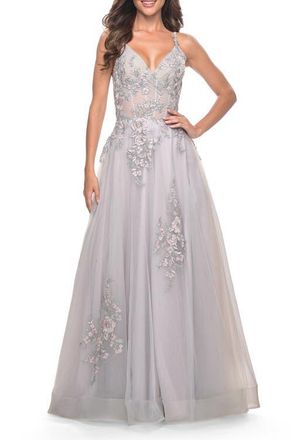 La Femme A-Line Tulle Prom Dress with Scattered Lace Applique in Silver at Nordstrom, Size 14