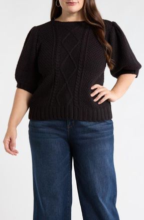 Sugarlips Puff Sleeve Cable Stitch Sweater in Black at Nordstrom, Size 3X