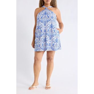 Sugarlips Ronan Floral Amory Halter Minidress in White Blue Multi at Nordstrom, Size 2X