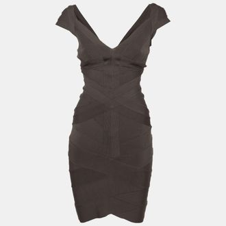 H&eacute;rve L&eacute;ger Grey Stretch Knit Bandage Mini Dress