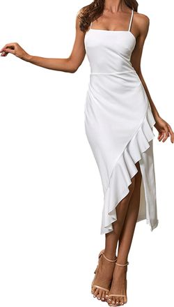 Angel Fashions Womens Cocktail Dress Strapless Ruffles Hem Slit White Tea-Length Cami Dresses Size 14