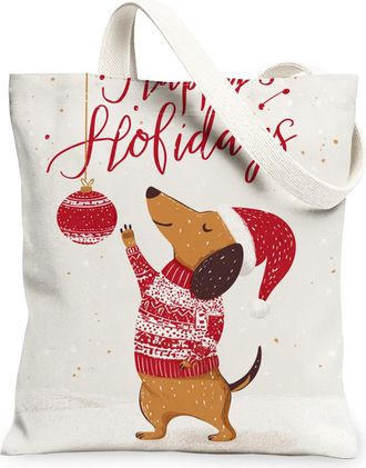 Generic Holiday Dog Canvas Tote Bags, Adorable Animal Pattern Reusable Grocery Bags, Winter Joyful Lightweight Washable Shoulder St, White, 13x15 Inch