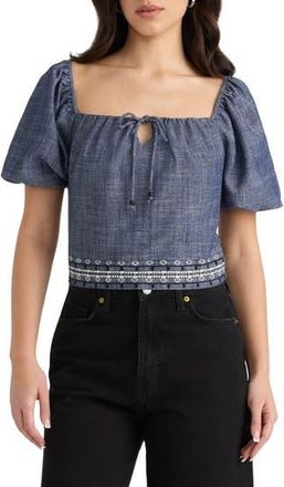 NVLT Embroidered Puff Sleeve Crop Top in Denim Blue at Nordstrom Rack, Size X-Small