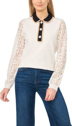 CeCe by Cynthia Steffe Lace Sleeve Polo Sweater in Antique White at Nordstrom, Size Xx-Small