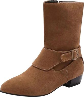 Generic Womens Leisure Mid Calf Boots Pointed Toe Low Block Heel Slip On With Platform And Decorative Belt Buckle