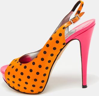 Gina Size 38 Gold/black Polka Dot Satin Slingback Sandals