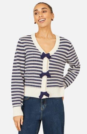 Yumi Stripe With Bow Detail Cardigan in Navy at Nordstrom, Size Medium