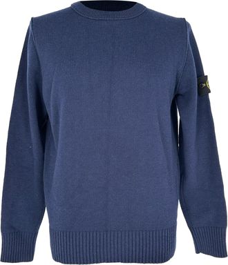 Stone Island Crewneck Knitted Sweater in Navy Blue Wool
