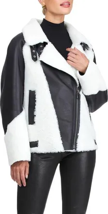 Gorski Genuine Shearling Asymmetrical Zip Jacket in Black/white at Nordstrom, Size Medium