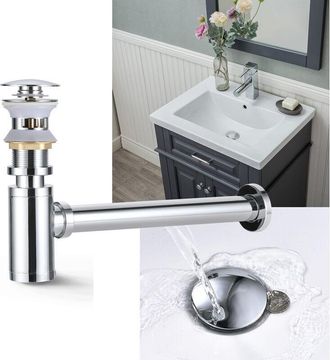 OEM Desag&uuml;e De Lavabo Con Sistema De Empuje Y Apertura Autom&aacute;tica + Sif&oacute;n Con Rebosadero, Conjunto De Sif&oacute;n De Lat&oacute;n Cromado Para Montaje En Pared, Conjun