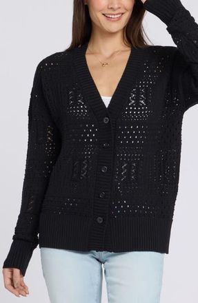 NYDJ Mixed Open Stitch Cotton Blend Cardigan in Black at Nordstrom, Size Xx-Small